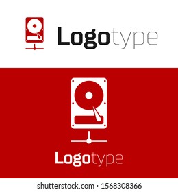 Red Hard disk drive on sharing network icon isolated on white background. Logo design template element. Vector Illustration