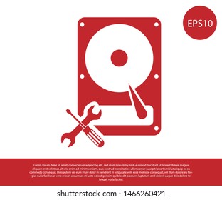 Red Hard disk drive with screwdriver and wrench icon isolated on white background. Adjusting, service, setting, maintenance, repair, fixing.  Vector Illustration