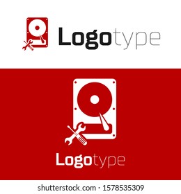 Red Hard disk drive with screwdriver and wrench icon isolated on white background. Adjusting, service, setting, maintenance, repair, fixing. Logo design template element. Vector Illustration