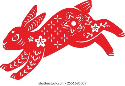 Red hare jumping. Lunar rabbit ornate silhouette isolated on white background