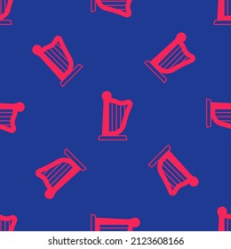 Icono de Arpa roja aislado sin fisuras en fondo azul. Instrumento de música clásica, elemento acústico de cuerdas de orquesta.  Vector