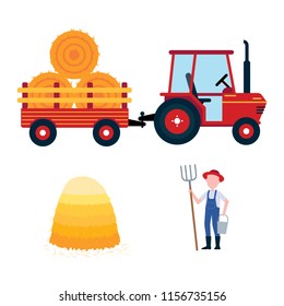 Red harvesting tractor with semi-trailer and hay bale icon sign, haystack, hay sheaf and farmer with hayfork and bucket set isolated on white background flat design style vector illustration