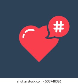 red hashtag icon like heart. concept of promotion, share interesting message, information networking badge, smm online community, pr follow me. flat style modern logotype graphic design on background