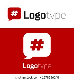 Red Hashtag speech bubble icon isolated on white background. Concept of number sign, social media marketing, micro blogging. Logo design template element. Vector Illustration