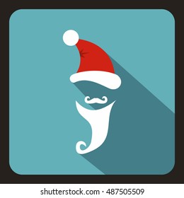 Red hat and beard with mustache of Santa Claus icon in flat style with long shadow. New year symbol vector illustration