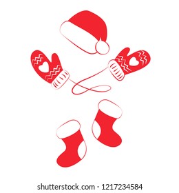 Red hat, boots or socks and warm mittens for christmas greeting cards decoration isolated on a white background. Vector illustration.