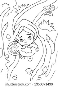 Red hat coloring book isolated on white background. Tale about girl and her travelling in forest