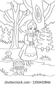 Red hat coloring book isolated on white background. Tale about girl and her travelling. Child walk in forest