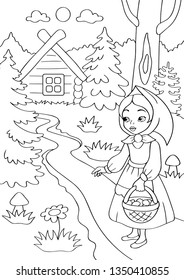 Red hat coloring book isolated on white background. Tale about girl and her travelling. Child walk in forest