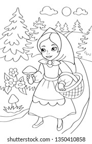 Red hat coloring book isolated on white background. Tale about girl and her travelling. Child walk in forest