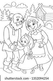 Red hat coloring book isolated on white background. Tale about girl and her grandmother and grandfather.