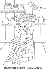 Red hat coloring book isolated on white background. Tale about girl and her travelling. 