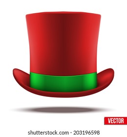 Red hat cylinder with green ribbon. Vector Illustration. Isolated on white background.