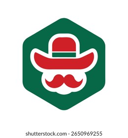 Emblema de bigode de chapéu vermelho dentro de uma forma hexágono verde com contorno em um vetor