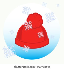 Red hat on a white background with a gradient with snowflakes