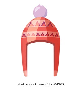 Red hat with pompom icon in cartoon style isolated on white background. Accessory symbol vector illustration