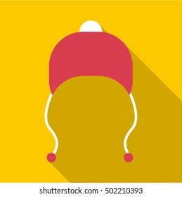 Red hat with pompom icon. Flat illustration of red hat with pompom vector icon for web
