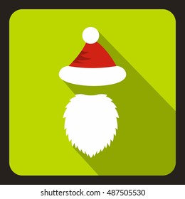 Red hat with pompom and long beard of Santa Claus icon in flat style with long shadow. New year symbol vector illustration