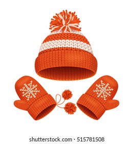 Red Hat with a Pompom and Mitten Set Winter Accessories. Vector illustration