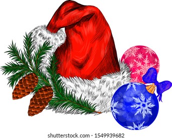 red hat of Santa Claus with Christmas tree branch and toys