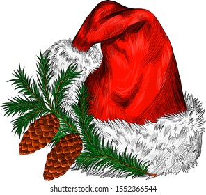 red hat of Santa Claus with Christmas tree branch and cones