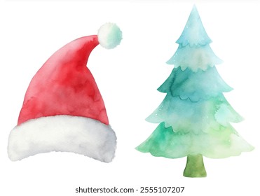 A red hat with a white santa hat on top of it. A blue and green tree