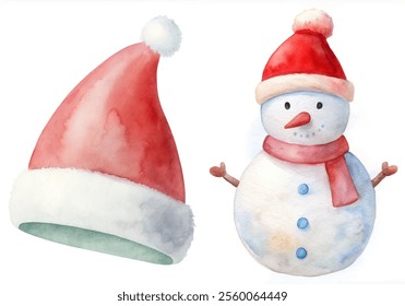 A red hat with a white snowflake on it and a red scarf.