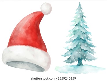 A red hat with a white star on it sits next to a tree. The hat is red and white, and the tree is green and covered in snow. Concept of winter and holiday cheer