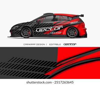 Red hatchback car with black and white stripe design. Perfect for automotive advertising, car wrapping services, and transportation themed graphics.