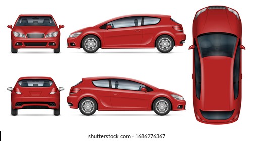 Red hatchback car vector mockup on white for vehicle branding, corporate identity. View from side, front, back, and top. All elements in the groups on separate layers for easy editing and recolor