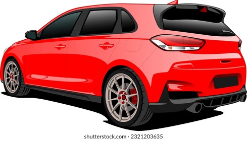 red hatchback sports performance coupe style car back side wheels vector illustration