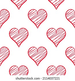 Red hatched hearts seamless pattern. Romantic hand drawn wallpaper. Template for fabric, packaging, paper and design vector illustration