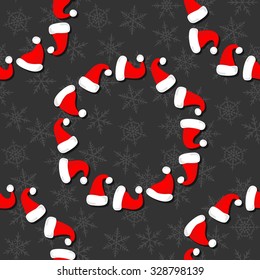 red hats of Santa Claus wreath Christmas winter holidays seamless pattern on dark background