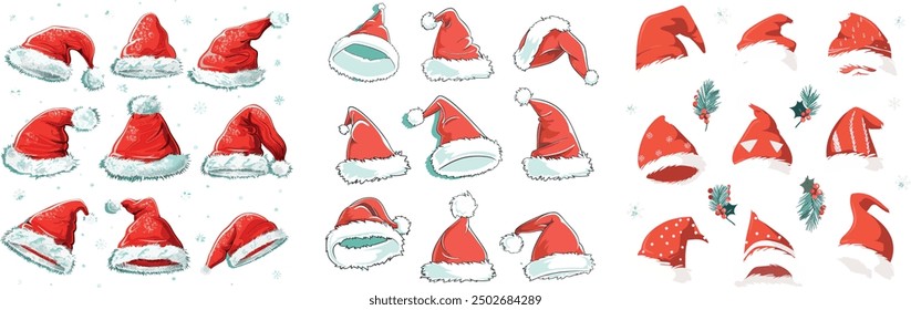 Red hats with white fur of Santa Claus. Modern decoration for Christmas holiday. Christmas Santa hats collection in various styles