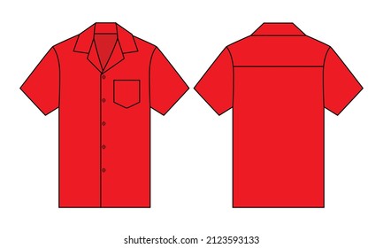 Red Hawaiian Shirt With Pocket Template On White Background.
Front And Back View, Vector File.