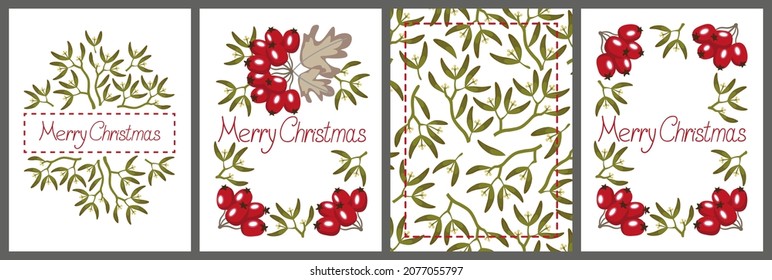 Red hawthorn berries and mistletoe sprigs arranged in the form of frames and background. Suitable for social media post, banner design, greeting cards. 
