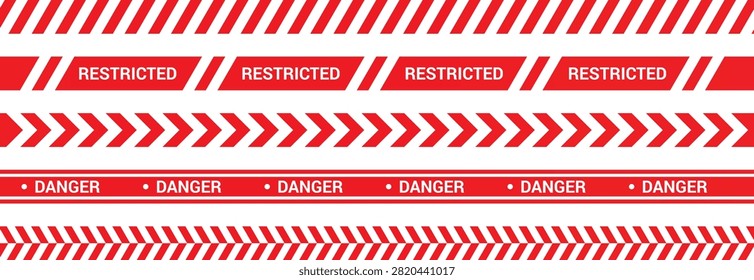 Red hazard caution tape vector set. Warning danger ribbons safety barrier stripe chevron sign