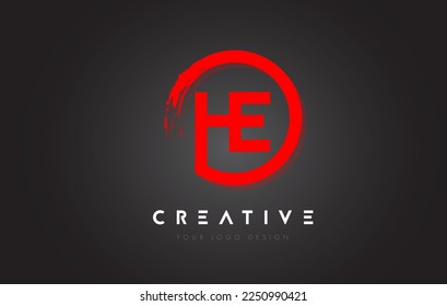 Logo de la letra roja circular HE con diseño de pincel circular y fondo negro.