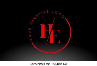 Red HE Letter Logo Design with Creative Intersected and Cutted Serif Font.