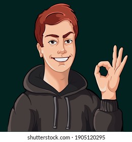 red head boy in hoodie showing ok with fingers vector illustration