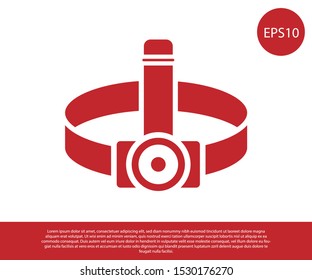 Red Head flashlight icon isolated on white background. Tourist head flashlight. Camping head light.  Vector Illustration