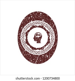 Red head with gears inside icon inside distressed rubber grunge stamp
