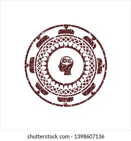 Red head with gears inside icon inside rubber stamp with grunge texture