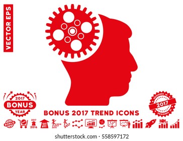 Red Head Gearwheel pictograph with bonus 2017 year trend pictograms. Vector illustration style is flat iconic symbols, white background.