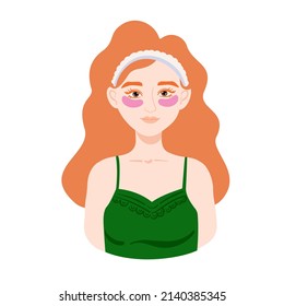 Red head girl with cosmetic eye patches, vector beauty illustration. 