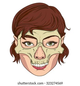 Red head girl with skull mask.Vector skull girl face. Illustration of girl for the tattoo and stickers.