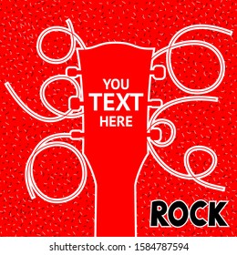 Red head of a guitar with twisted strings on a red background. Rock black inscription.