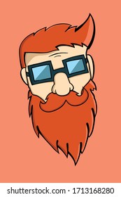 Hipster de cabeza roja con gafas y caricatura de barba.