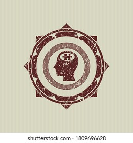 Red head with jigsaw puzzle piece icon inside distressed rubber grunge texture seal. 