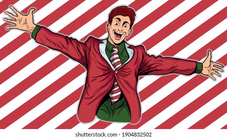 red head man in red suit front of red and white caramel background vector illustration